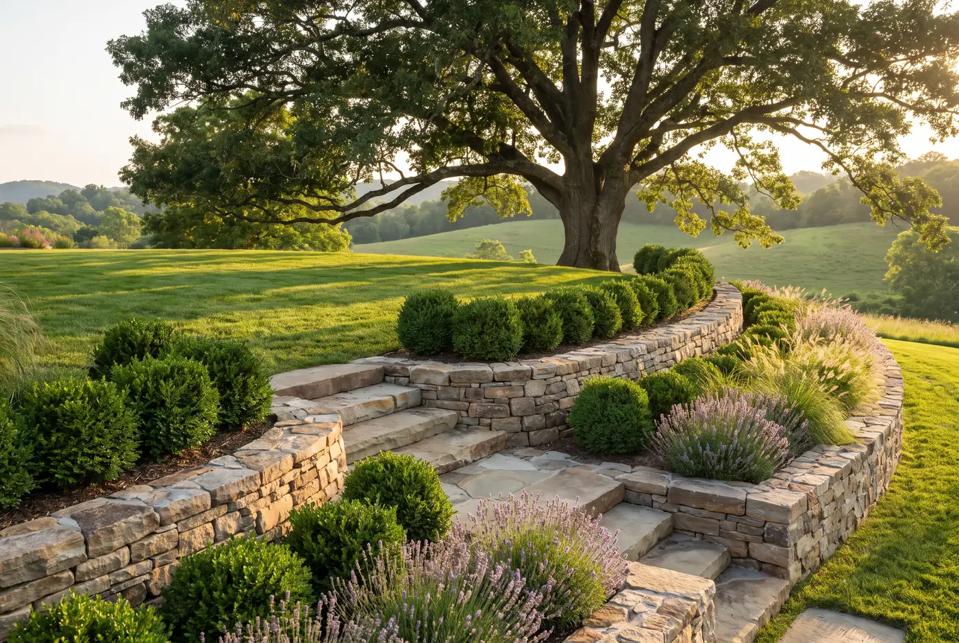 Curved fieldstone retaining walls and flagstone steps terracing a sloped backyard under a large oak