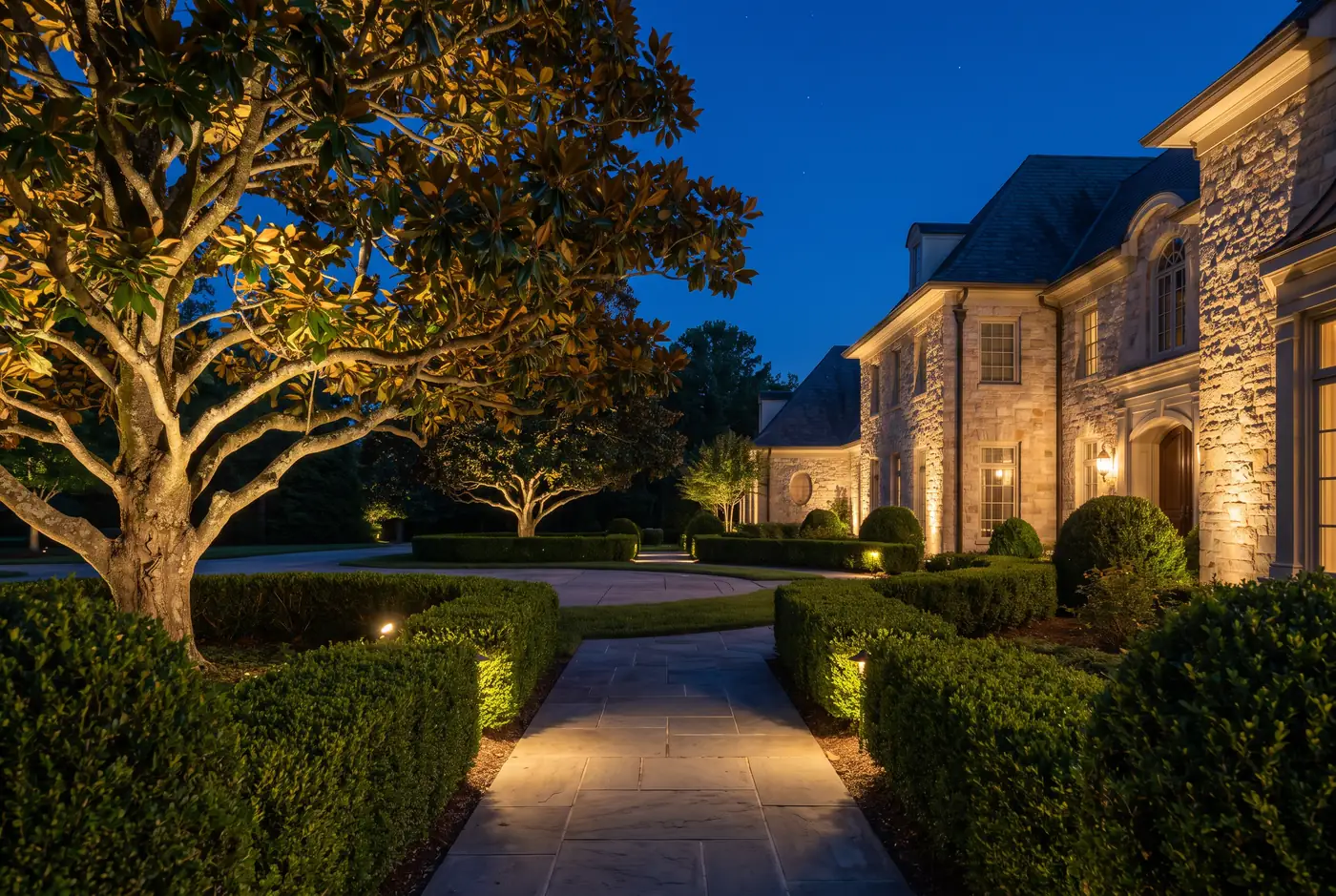 Warm landscape uplighting on a Southern magnolia and stone facade with path lights along a bluestone walk at night