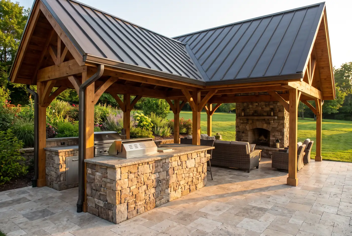 Stone clad outdoor kitchen island with a built in grill under a timber pavilion on a travertine floor
