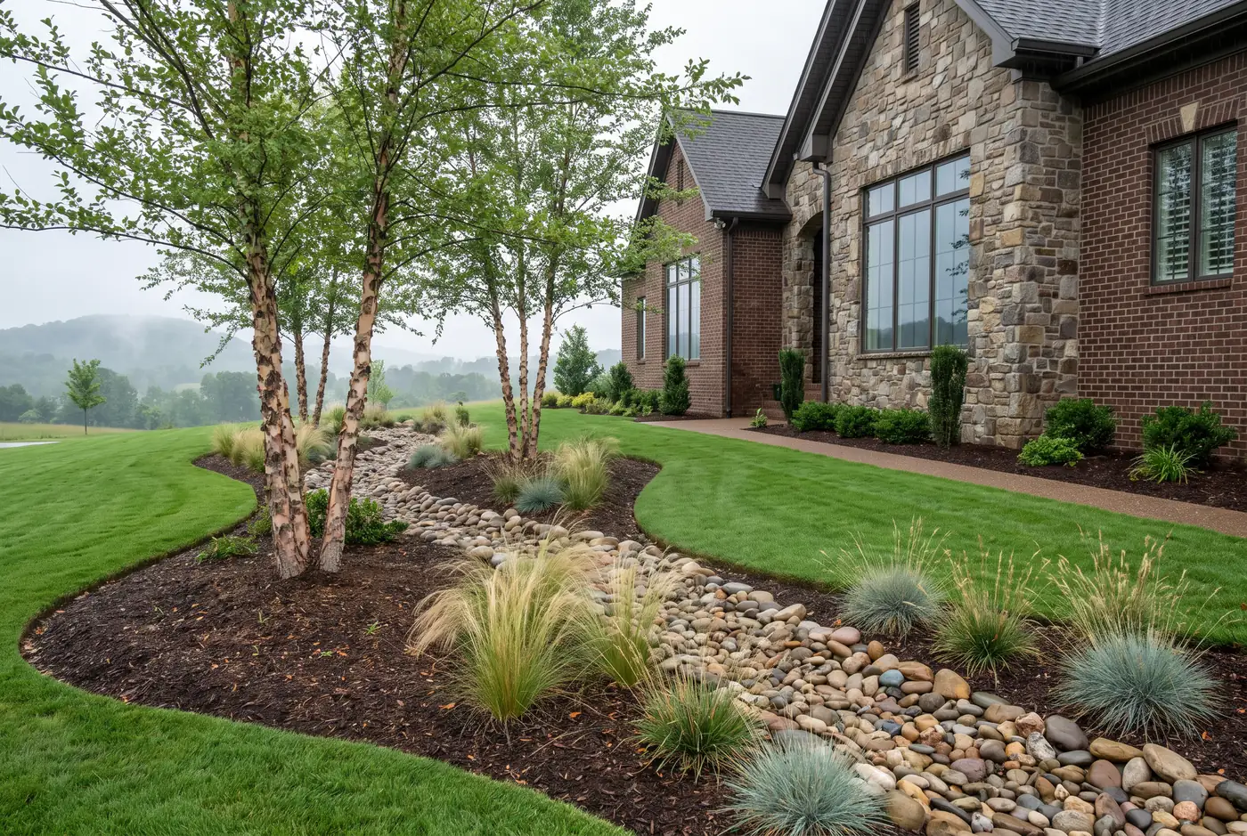 River rock dry creek bed swale moving runoff through a planted bed beside a sloped lawn