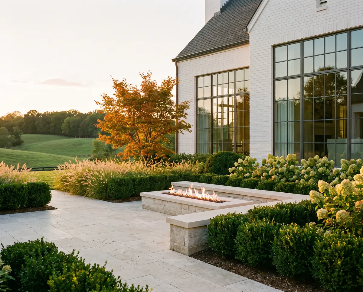 Travertine patio with a linear fire pit, limestone seat wall, boxwood, and limelight hydrangeas behind a white brick farmhouse